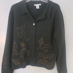 Vintage Jillian Jones Green 100% Wool Embroidered Leaf Button Cardigan Sweater L